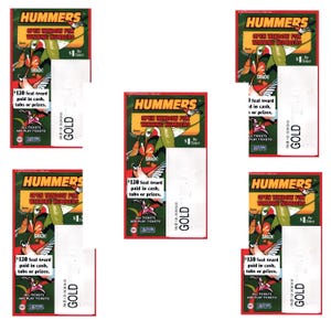 May include: Multiple "Hummers" scratch-off tickets. Each ticket features a green and red design with a hummingbird illustration and the text "Open Window for Winning Numbers." The tickets offer a $130 seal award.