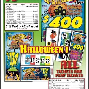 May include: A promotional Halloween-themed game ticket display. The design features the words "BE WITCHED" and "HALLOWEEN!" with illustrations of witches, cauldrons, and a haunted house. The tickets are in various denominations, with a large "$400" prominently displayed.