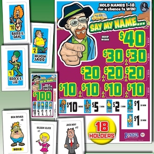 May include: A colorful lottery game board featuring a cartoon man in a hat and glasses with the text Say My Name. The board displays various dollar amounts in bright green font against a magenta background, surrounded by individual character cards.