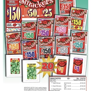 May include: A collection of "Smackers" scratch-off lottery tickets with various prize amounts, including $150, $50, and $25. The tickets feature a red lips logo and the text "Hold Numbers 1-20 for a Chance to Win!"
