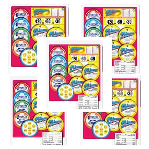 May include: A collection of five identical pull-tab game cards featuring a bright pink background. Each card displays the text Flingers and Bonanza, with circular game pieces in red, blue, green, and orange. A payout chart lists prize amounts.