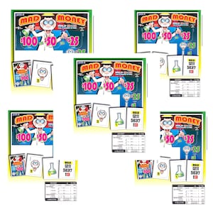 May include: Multiple "Mad Money" scratch-off lottery tickets are displayed. The tickets feature a cartoon scientist and the text "$100 $50 $25". Additional cards show a beaker, a brain, and the text "HOLD 1211 5637 113".