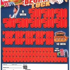 May include: A colorful "Beginner's Luck" scratch-off ticket with illustrations of casino elements. The ticket features large red text indicating potential winnings of $500, $100, and $50. The ticket is from Paramount Games.