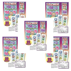 May include: Multiple "Baby Balls" lottery tickets are displayed, featuring a baby graphic and text indicating prize amounts of $150 or $75, with a $50 option. Each ticket includes a set of numbers and the phrase "25 Holds."