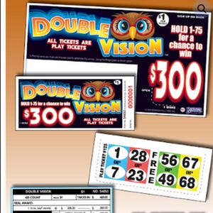 May include: Double Vision lottery game tickets featuring an owl graphic with large eyes. The tickets display the text $300, Hold 1-75 for a chance to win, and All tickets are play tickets. A separate card shows a grid of numbers 1 through 68.