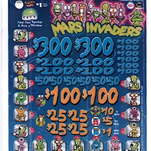 May include: A blue scratch-off ticket with the title "Mars Invaders" in yellow and orange. The ticket features cartoon alien characters and various prize amounts, including $300, $200, $100, $50, $25, $10, $5, and $1.