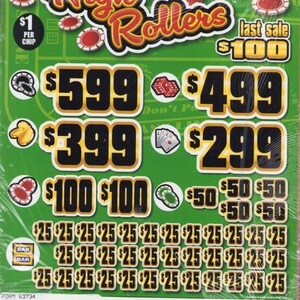 May include: A green High Rollers pull-tab game ticket featuring casino-themed graphics including red dice, poker chips, and playing cards. The ticket displays various cash prize amounts in large black and gold text, with a ticket count of 3955.