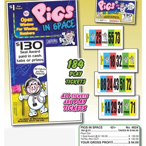 May include: A promotional game featuring the theme "Pigs in Space." The design includes a large game card with the title, a cartoon pig astronaut, and several play tickets. The game promises a $130 seal award.