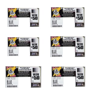 May include: Six blue bingo cards with the text "FORM 31713" and "BLUE". Each card features a graphic with a number 5 and the text "HOLD BINGO BALLS 1-75 FOR YOUR CHANCE AT SEAL AWARD". The cards also display "WIN $50".