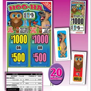 May include: A collection of "Hoo-Ha" scratch-off lottery tickets. The tickets feature cartoon owls and hyenas, with text indicating prize amounts of $1000 or $500. Additional cards and a "20 Holders" sign are also visible.