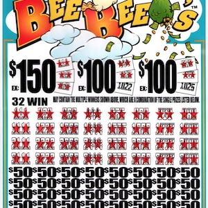 May include: A colorful Bee Bee's scratch-off ticket with a cartoon stork carrying a money bag. The ticket features prize amounts of $150 and $100, with multiple chances to win. The text reads "32 WIN".