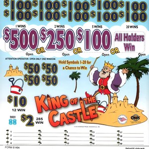 May include: A colorful scratch-off lottery ticket with a cartoon king and castle theme. The ticket features various prize amounts, including $500, $250, and $100, with the text "King of the Castle".