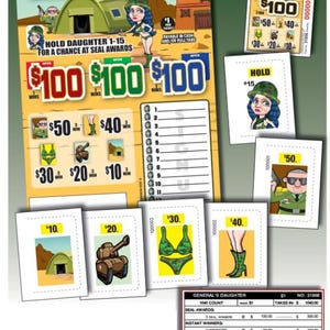 May include: A promotional game card titled "General's Daughter" with illustrations of a cartoon woman in a military uniform. The card features various prize amounts, including $100, $50, $40, $30, $20, and $10.