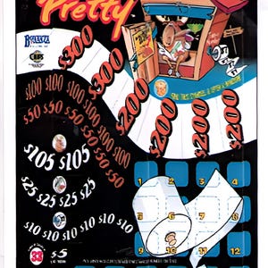 May include: A "Sittin' Pretty" scratch-off lottery ticket with a cartoon illustration of a cabin and a character. The ticket features various prize amounts, including $300, $200, $105, $25, $10, and $5. The ticket has a black background.