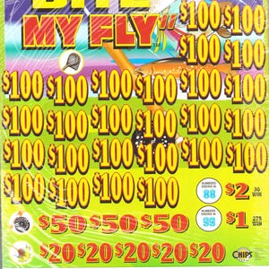 May include: A lottery ticket with the text "BITE MY FLY" in red and yellow. The ticket features multiple $100, $50, and $20 prize amounts. The background is green and blue with fish illustrations.