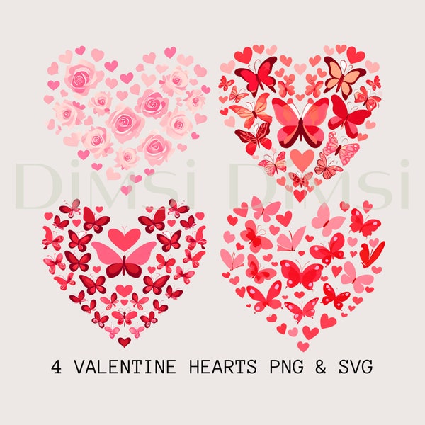 Heart and butterfly SVG PNG, heart svg, Valentines day svg, butterfly clipart, heart clipart, Coquette rose svg, Instant download and print.