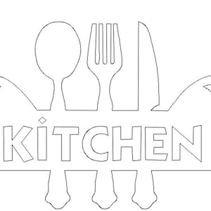 Puede incluir: Un contorno blanco de un diseño con temática de cocina. La palabra "KITCHEN" está centrada, con una cuchara, un tenedor y un cuchillo encima. Una forma de rodillo de amasar está en la parte inferior y en los lados, con remolinos decorativos.