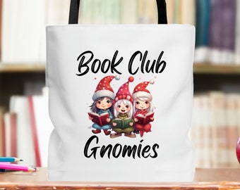 Book Club Gnomie Tote Bag, Book Club Gift, Christmas Gift, Holiday tote bag, Book lovers gift, Reusable shopping bag, Bookworm bag