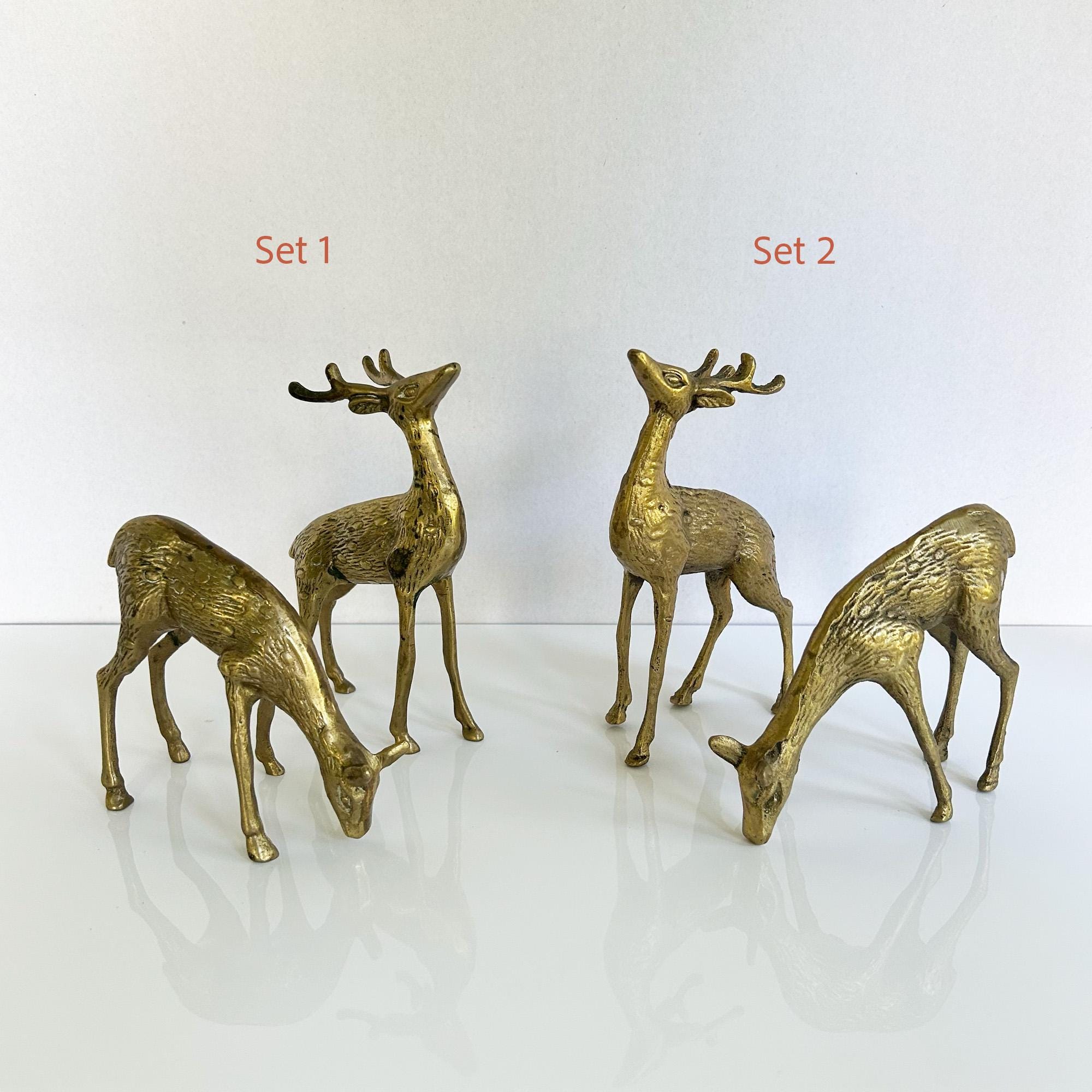 Paire De Cerfs En Laiton Doré - Sculptures Rustiques Sur Rochers - Déco Noël