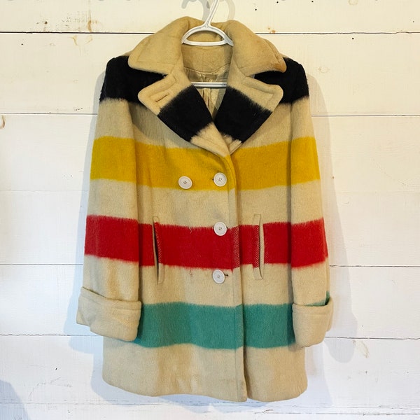 Vintage Hudson Bay Jacke Wolle Damen Mantel Spitze Decke Gestreift *mit Mängel*