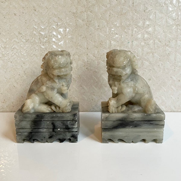 Pair of Vintage Chinese Foo Dog Bookends Hand Carved from Soapstone