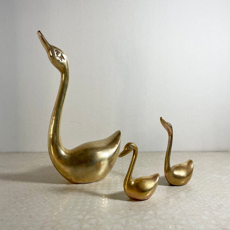 Set of 3 Solid Brass Swan Figurines, 1960s MCM Brass Swan Statues