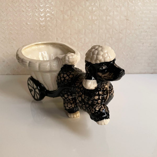 Vintage Shafford Pottery Planter Poodle Pulling a Cart Black and White Dog