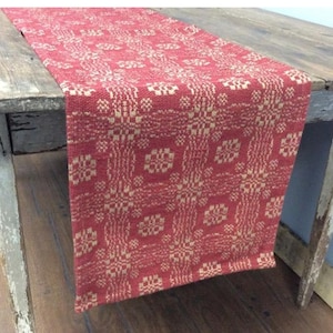 May include: A red and beige patterned table runner draped over a wooden table. The runner features a repeating floral design. The table has a rustic, weathered appearance, with visible wood grain and a distressed finish. The runner adds a touch of color and pattern to the scene.