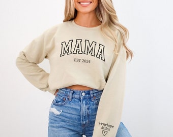 Mama Personalized Sweatshirt with Kid Names on Sleeve Custom Mama Sweatshirt Mama EST Crewneck Mothers Day Gift Birthday Gift for Mom to Be