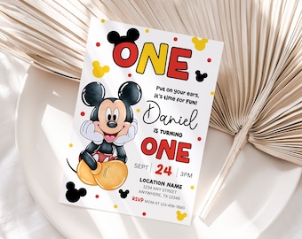 Editable Mickey 1st Birthday Invite Boy First Birthday Invitation Cute Mouse Ears Birthday Invitation Mickey Birthday Boy Party Invite