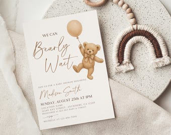 We Can Bearly Wait Baby Shower Invite, Gender Neutral Teddy Bear Baby Shower, Minimalist Boho Baby Shower Invite, Teddy Bear Baby Sprinkle