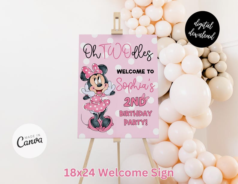 Może przedstawiać: R&oacute;żowo-biały znak powitalny z kresk&oacute;wkowym wizerunkiem Minnie Mouse. Na znaku widnieje napis "Oh TWOdles Witamy na 2. urodzinach Sophii!"