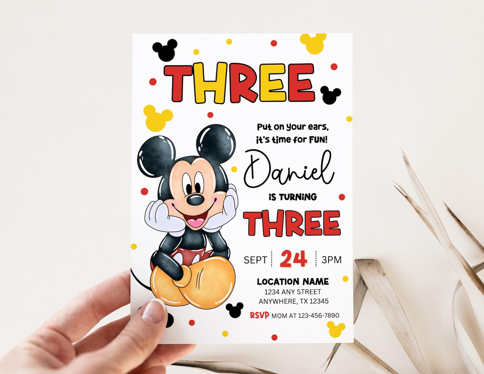 Mickey 3rd Birthday Invite Editable Boy Third Birthday Invitation Cute ...