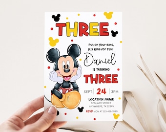 Mickey 3rd Birthday Invite Editable Boy Third Birthday Invitation Cute Mouse Ears Birthday Invitation Mickey Birthday Boy Party Invite