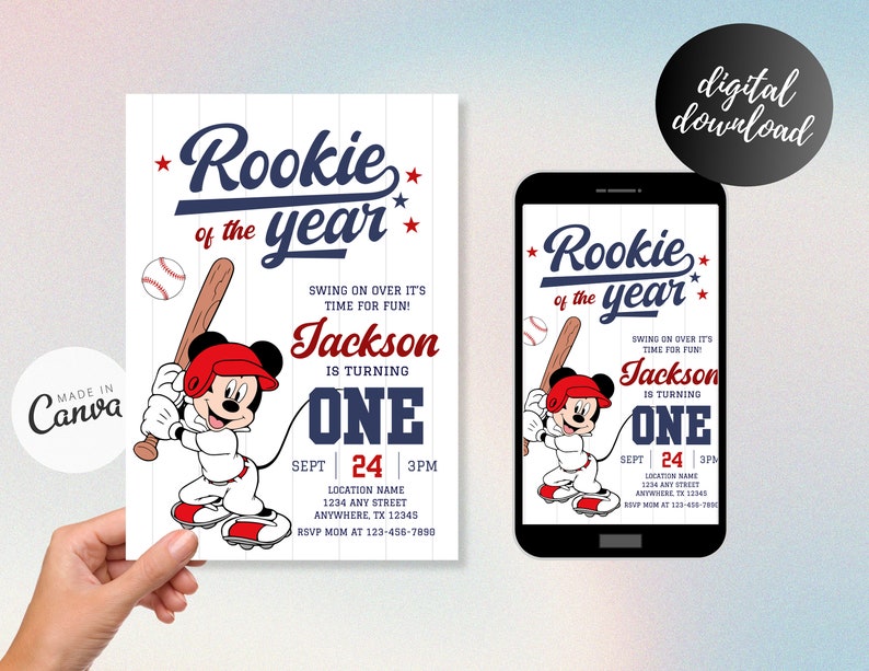 May include: A baseball-themed first birthday invitation featuring Mickey Mouse in a baseball uniform holding a bat. The invitation is blue, red, and white with the text "Rookie of the year" and "Jackson is turning one".