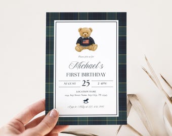 Vintage Teddy Bear First Birthday Invitation, Teddy Beary First Birthday, Boy 1st Birthday, Preppy Tartan Plaid, Equestrian Any Age Invite