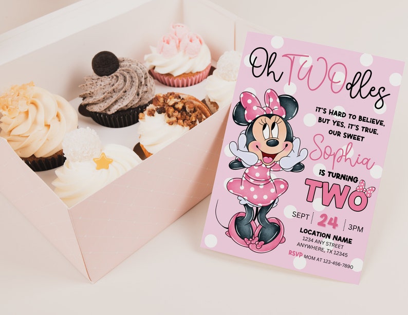 May include: Pink and white birthday invitation with a cartoon image of Minnie Mouse. The text reads "Oh Twoodles It's hard to believe, but yes, it's true. Our sweet Sophia is turning Two Sept 24 3PM Location Name 1234 Any Street Anywhere, TX 12345 RSVP Mom at 123-456-7890"