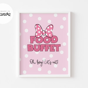 May include: Pink and white polka dot background with a pink bow with white polka dots. The text "Food Buffet" is in pink letters with a white outline. The text "Oh, boy! Let's eat!" is in black letters.