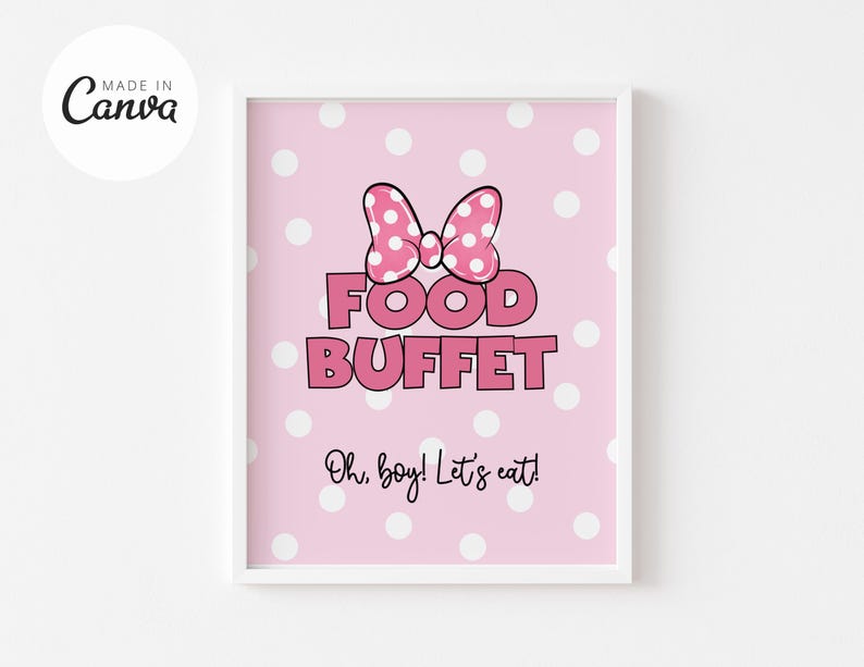 May include: Pink and white polka dot background with a pink bow with white polka dots. The text "Food Buffet" is in pink letters with a white outline. The text "Oh, boy! Let's eat!" is in black letters.