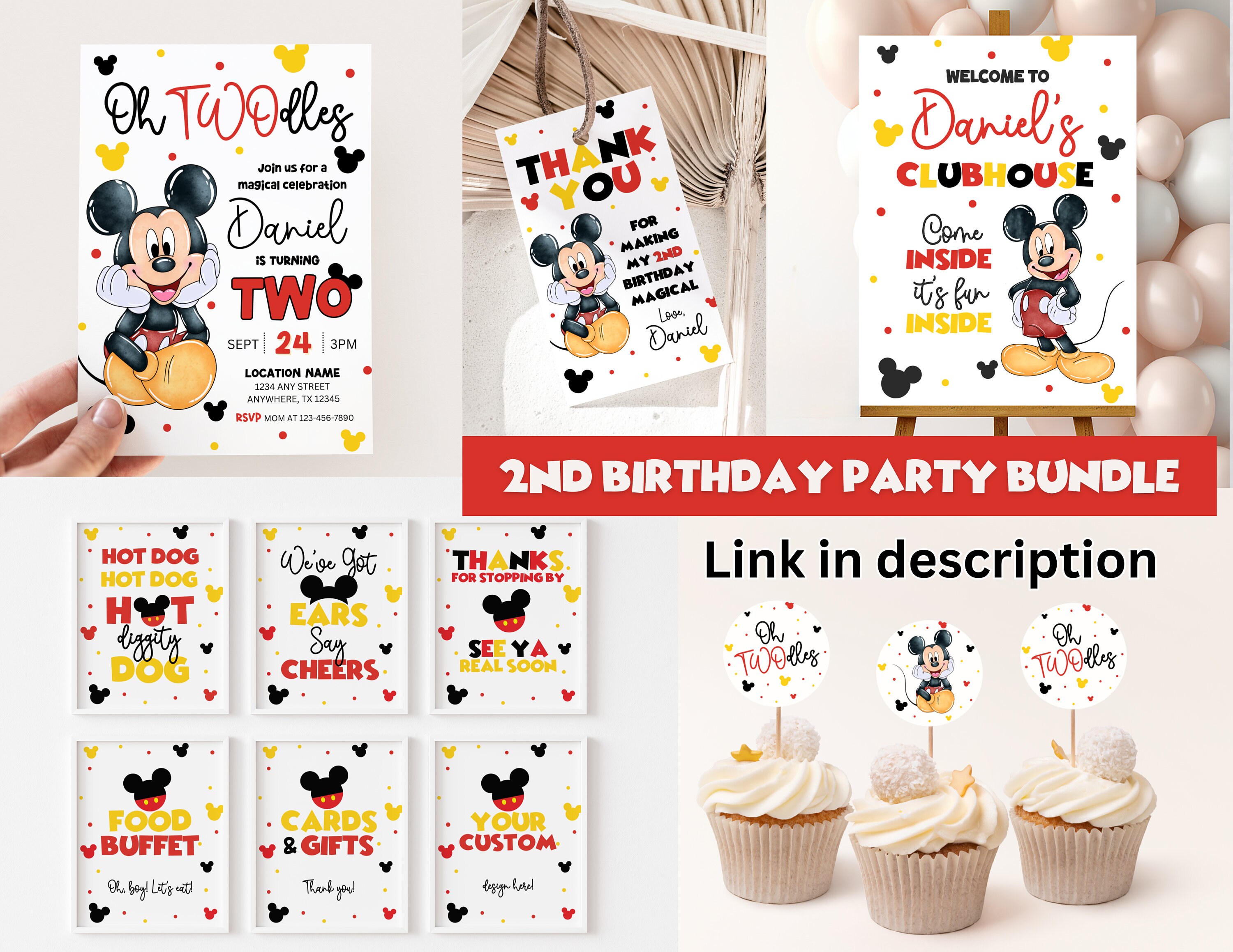 Editable Mickey Birthday Thank You Tags Boy First Birthday Invite Cute ...