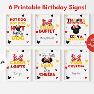 May include: Six printable birthday signs featuring a cartoon mouse with red and yellow accents. The signs say "Hot Dog Diggity Dog", "Food Buffet", "Thanks for Stopping By", "We've Got Ears Say Cheers", "Cards & Gifts", and "Your Custom Design Here".