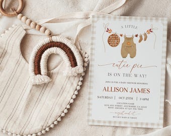 A Little Cutie Pie Is On The Way Baby Shower Invitation Fall Thanksgiving Baby Shower Baby Boy Pie Theme Baby Shower Picnic Baby Shower