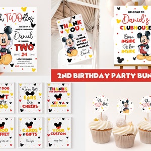 Pode incluir: Decorações de festa imprimíveis para uma festa de segundo aniversário com o tema Mickey Mouse. O conjunto inclui uma placa de boas-vindas, um convite, etiquetas de agradecimento, toppers para cupcakes e placas de comida. As cores são vermelho, amarelo e preto.