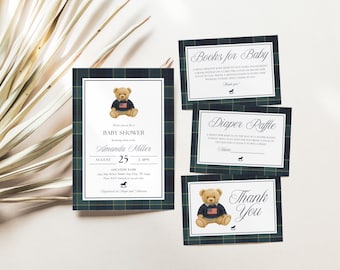 Vintage Teddy Baby Shower Bundle, Preppy Baby Shower Decor, Editable Luxury Teddy Bear Baby Shower, Boy Books for Baby Shower Invite Suite