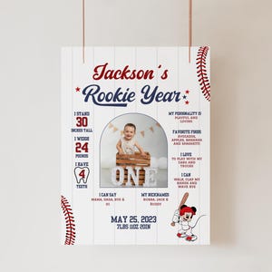 May include: A personalized baseball-themed poster with the text "Jackson's Rookie Year." It includes a photo, stats, and a Mickey Mouse illustration. The poster states the child is 30 inches tall and weighs 24 pounds.