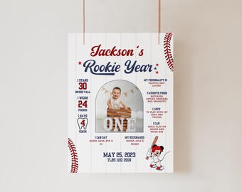 Rookie of the Year First Birthday Milestone Sign, Mickey 1st Birthday Milestone Board, Baseball 1st Birthday Stats Poster, Rookie Year Decor
