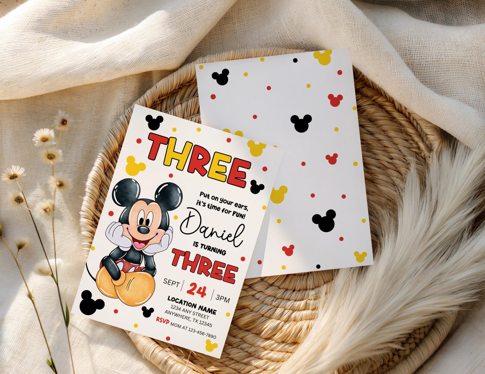 Mickey 3rd Birthday Invite Editable Boy Third Birthday Invitation Cute ...
