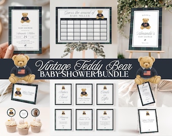 Vintage Teddy Baby Shower Bundle, Preppy Bear Baby Shower Decor, Editable Luxury Teddy Bear Baby Shower Invite, Boy Baby Shower Bundle