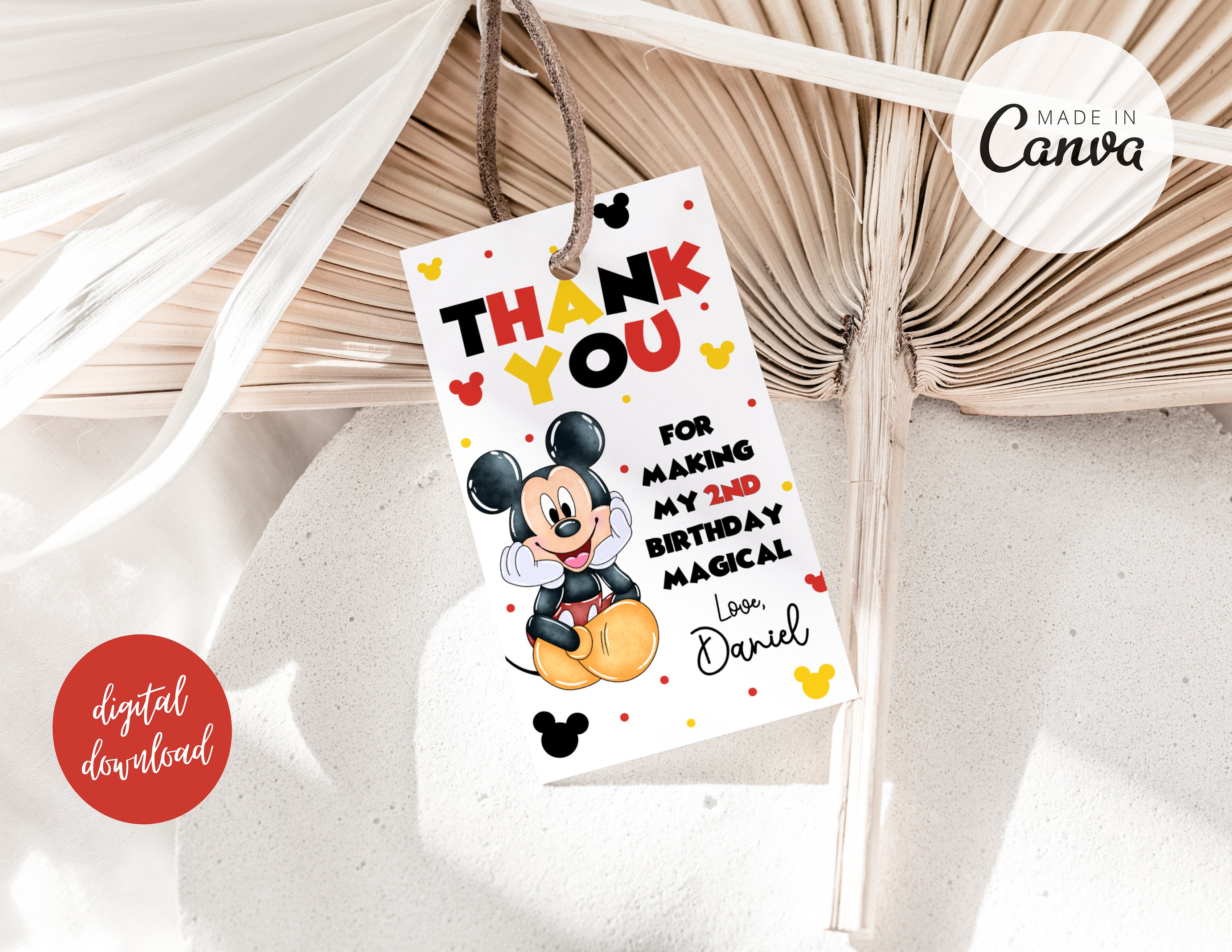 Editable Mickey Birthday Thank You Tags Boy First Birthday Invite Cute Mouse Ears Birthday Theme Oh TWOdles Birthday Boy Party Favor Tags