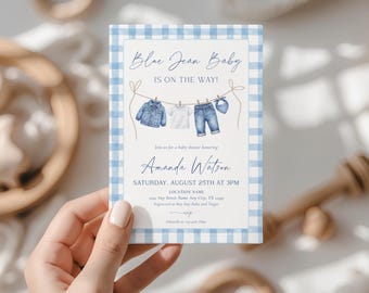 Blue Jean Baby Shower Invite, Trendy Denim Baby Shower Invitation, Western Denim Jean Boy Baby Shower Decor, Gingham Boy Baby Sprinkle